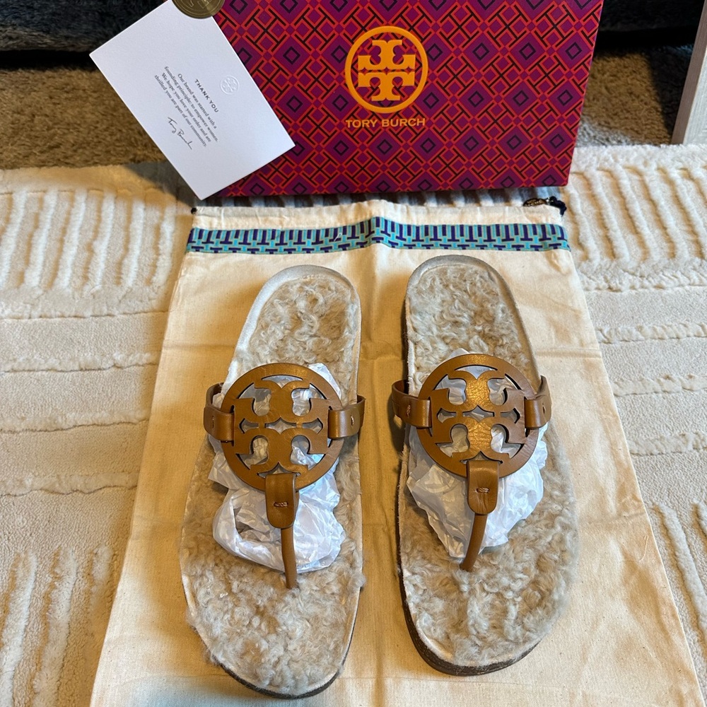 Tory Burch Miller Cloud Caramel Corn Shearling Sandals